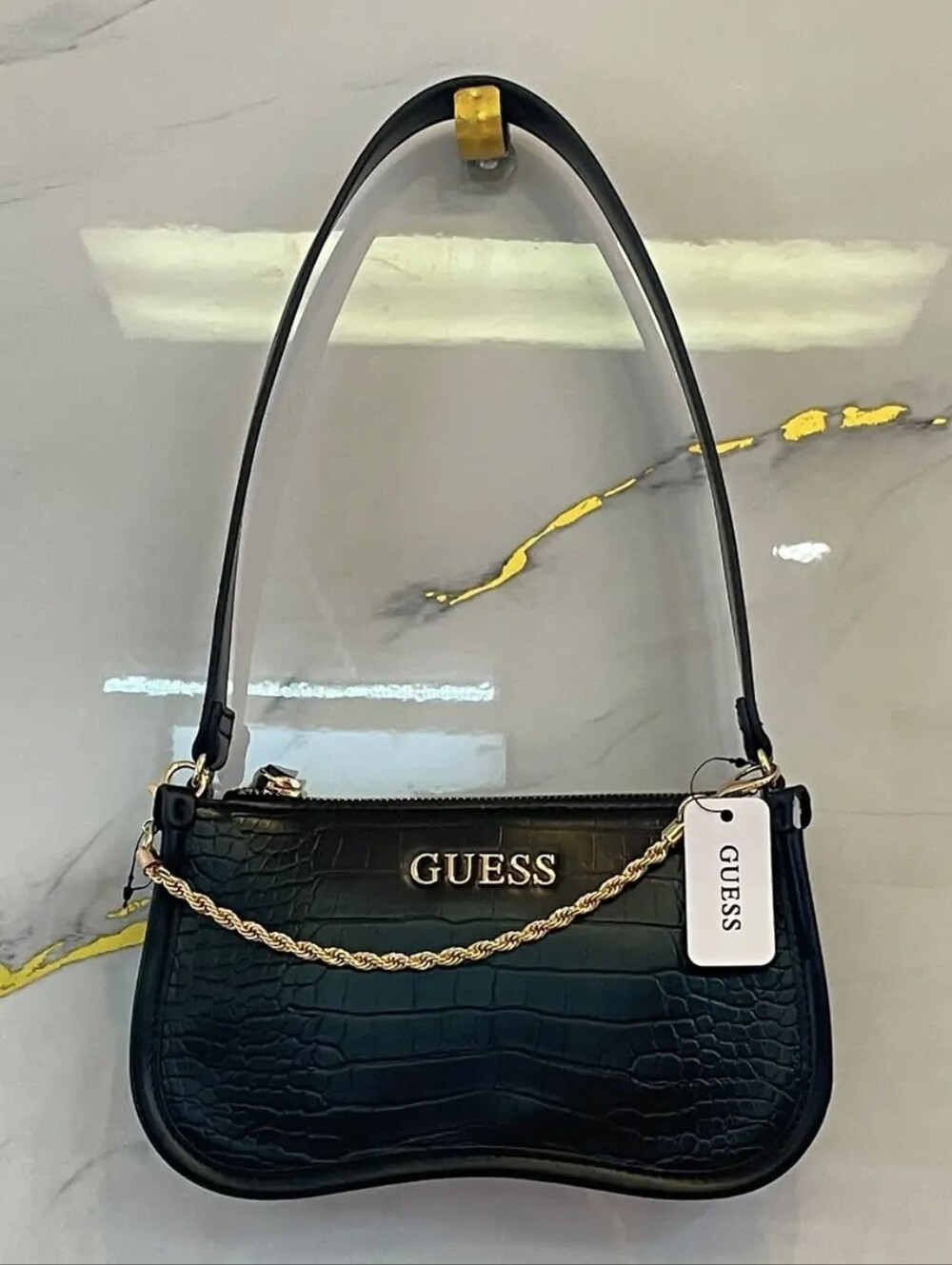 GUESS Black Croc-Embossed Shoulder Bag with Gold Chain Accent